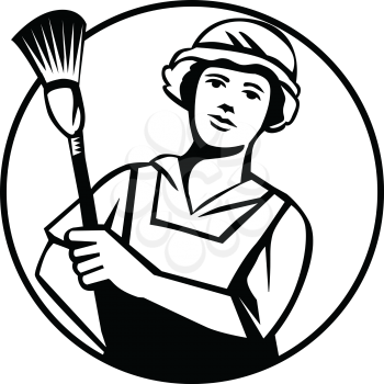 Black and white illustration of a female maid cleaner holding duster viewed from front set inside circle on isolated background. 