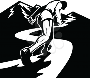 Retro style illustration of a silhouette of a marathon runner running and struggling to run uphill up to mountain top viewed from a low angle done in black and white.