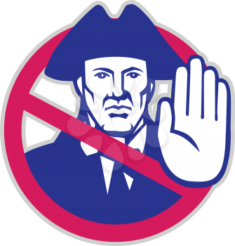 Retro icon style illustration of an American patriot with hand up stop sign or symbol set inside circle viewed from front on isolated background.