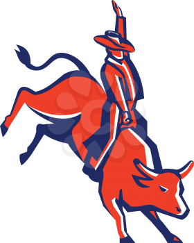 Retro style illustration of rodeo cowboy bull rider riding a red bull on isolated background.