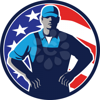 Illustration of an American organic farmer wearing hat and overalls with hands on hips akimbo and USA stars and stripes flag set in circle on isolated background done in retro style. 