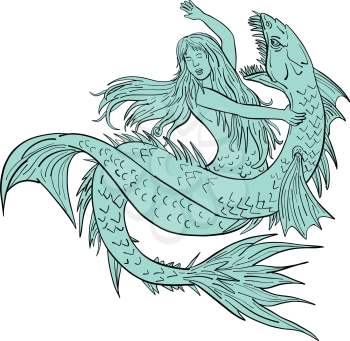 Drawing sketch style illustration of a a mermaid or siren grappling a sea serpent or monster on isolated white background.
