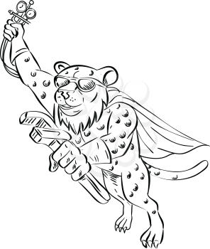 Cartoon style illustration of a cheetah Airconditioning and Refrigeration Mechanic wearing sunglasses and cape, holding adjustable wrench and Gauge Manifold or refrigeration tool pressure gauge on isolated background.