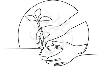 Continuous line illustration of a hand planting a tree seedling set inside circle shape done in monoline style in black and white.