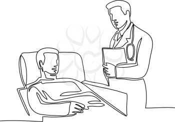 Continuous line illustration of doctor, surgeon or physician with patient on hospital bed done in monoline style in black and white.