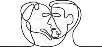 Continuous line illustration of head of a dog and a man facing each other viewed from side done in black and white monoline style.