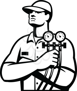 Illustration of a heating and cooling technician or refrigeration and air conditioning mechanic holding a pressure temperature gauge front view done in Black and White retro style.