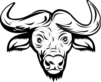 Retro style illustration of head of an African buffalo or Cape buffalo, a large sub-Saharan African bovine viewed from front on isolated background done in black and white.