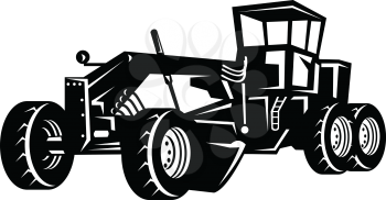 Retro woodcut style illustration of a vintage road motor grader or blade, a heavy equipment with a long blade used to create a flat surface during grading on isolated background in black and white.