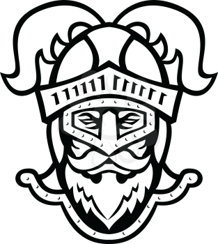 Black and white mascot illustration of head of a  viewed from knight wearing a helmet with ostrich plumage viewed from front on isolated background in retro style.
