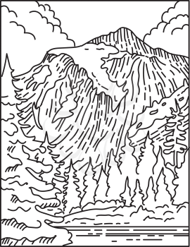 Mono line illustration of North Cascades National Park located in northern Washington State, United States of America done in retro black and white monoline line art style.