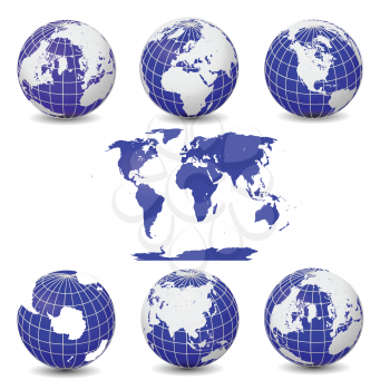 Royalty Free Clipart Image of Blue and White Globes and a Map