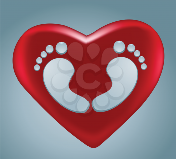 Water drops footprint in heart shape wth red heart