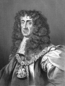Royalty Free Photo of Charles II (1630-1685) on engraving from the 1800s. King of England, Scotland and Ireland during 1660-1685. Engraved by W.Holl and published in London by W.Mackenzie.