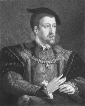 Royalty Free Photo of Charles V (1500-1558) on engraving from the 1800s. Ruler of the Holy Roman Empire from 1519 and of Spain as Charles I from 1506 until his abdication in 1556. Engraved by W. Holl 