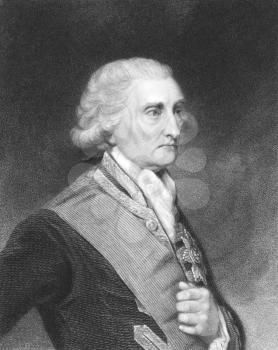 Royalty Free Photo of George Brydges Rodney, 1st Baron Rodney (1719-1792) on engraving from the 1800s. British naval officer, best known for his commands in the American War of Independence. Engraved 