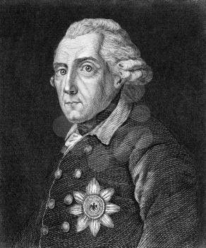 Frederick II (1712-1786) on engraving from 1859. King of Prussia during 1740-1786. Engraved by unknown artist and published in Meyers Konversations-Lexikon, Germany,1859.