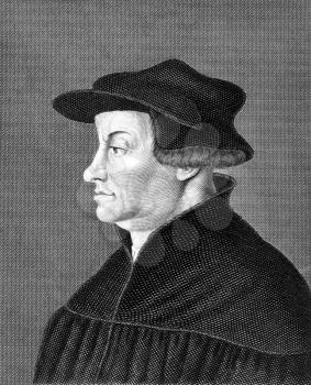 Huldrych Zwingli (1484-1531) on engraving from 1859. Leader of the Reformation in Switzerland. Engraved by unknown artist and published in Meyers Konversations-Lexikon, Germany,1859.