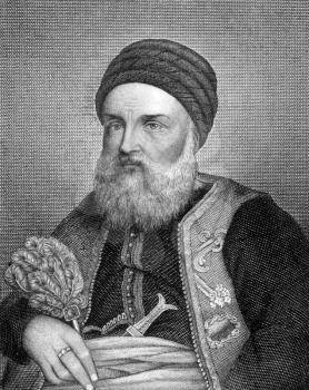 Hussein Dey (1765-1838) on engraving from 1859. Last of the Ottoman provincial rulers of Algiers. Engraved by F.Bahmann and published in Meyers Konversations-Lexikon, Germany,1859.