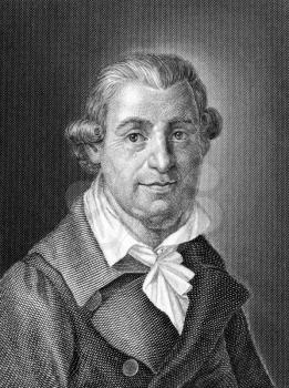 Johann Karl August Musaus (1735-1787) on engraving from 1859. German author. Engraved by unknown artist and published in Meyers Konversations-Lexikon, Germany,1859.