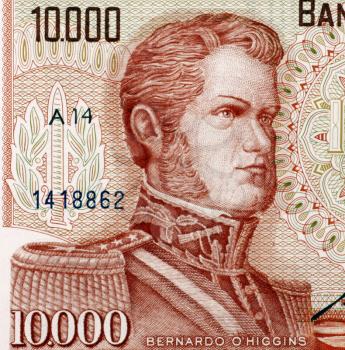 Bernardo O'Higgins (1778-1842) on 10000 Escudos 1970 from Chile. Chilean independence leader who together with Jose de San Martin  freed Chile from Spanish rule in the Chilean War of Independence.