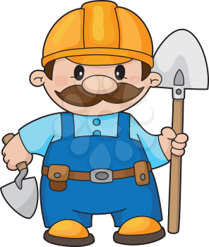 Royalty Free Clipart Image of a Builder With a Shovel and Trowel