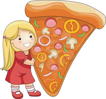 Royalty Free Clipart Image of a Girl With a Big Slice of Pizza