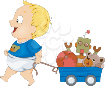 Royalty Free Clipart Image of a Baby With a Wagon of Toys