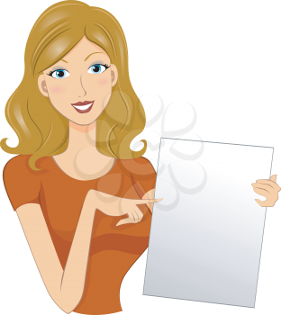 Royalty Free Clipart Image of a Girl Pointing at a Blank Paper