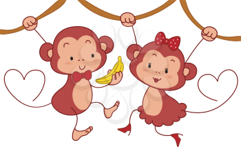 Royalty Free Clipart Image of a Boy Monkey Giving a Banana to a Girl Monkey