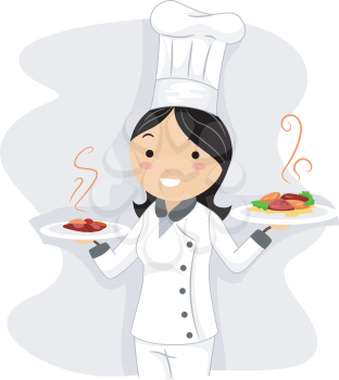 Royalty Free Clipart Image of a Chef Holding Two Plates of Food
