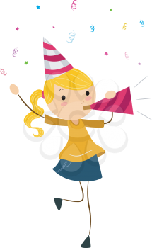 Royalty Free Clipart Image of a Girl Blowing a Party Horn