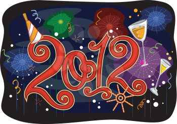 New Year Themed Illustration Featuring Colorful Fireworks