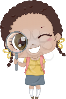Royalty Free Clipart Image of a Little Girl With a Magnifying Glass