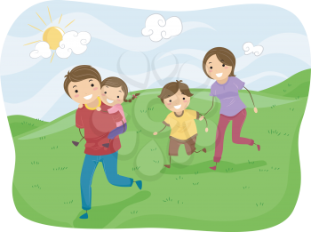 Illustration of Stickman Family Running on the Hills