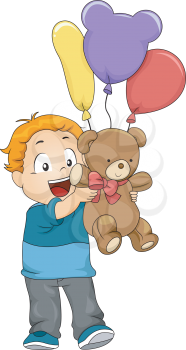Illustration of Kid Boy with Balloons and Stuff Toy as a Gift