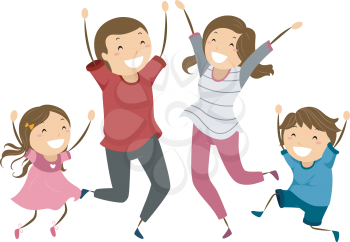 Illustration of a Family Jumping and Waving Their Arms in the Air in Joy