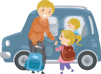 Illustration of a Little Girl Being Escorted to the Family Car by Her Dad