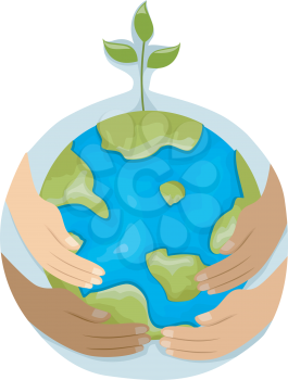 Illustration Featuring Hands with Different Colors Holding a Globe with a Plant on Top