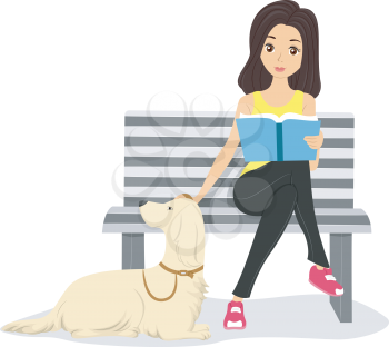 Illustration of a Girl Stroking Her Pet's Fur While Reading a Book