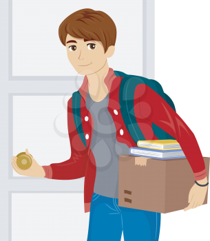 Illustration of a Male Teen Moving into a New Dorm Room