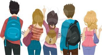 Back View Illustration of College Students on Their Way to School