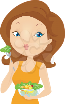 Illustration of a Girl Eating Vegetable Salad