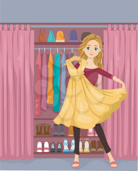 Illustration of a Girl Standing in Front of a Closet Holding a Yellow Dress