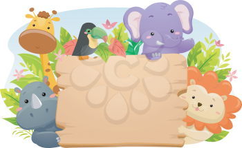 Illustration Featuring Cute Safari Animals Holding a Blank Wooden Sign