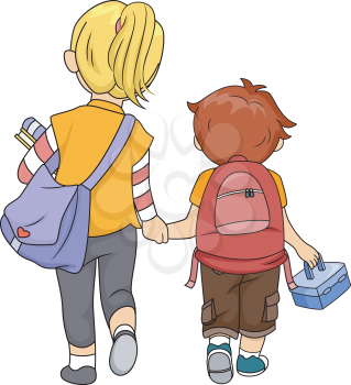 Illustration of a Big Sister Walking Home with Her Little Brother