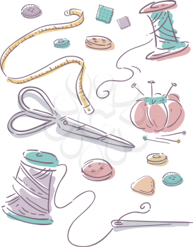 Illustration Featuring Elements Commonly Associated with Sewing