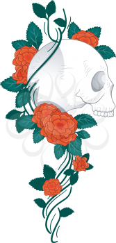 Illustration of a Tattoo Design Featuring a Skull with Vines and Roses Wrapped Around it