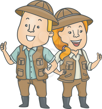 Illustration Featuring a Couple Wearing Safari Outfits Doing a Thumbs Up