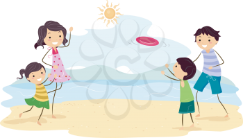 Illustration Featuring a Family Playing Frisbee by the Beach